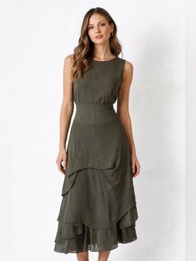 Morgane Le Fay 100% Silk Green Layered Sleeveless Faux Wrap Dress size Small